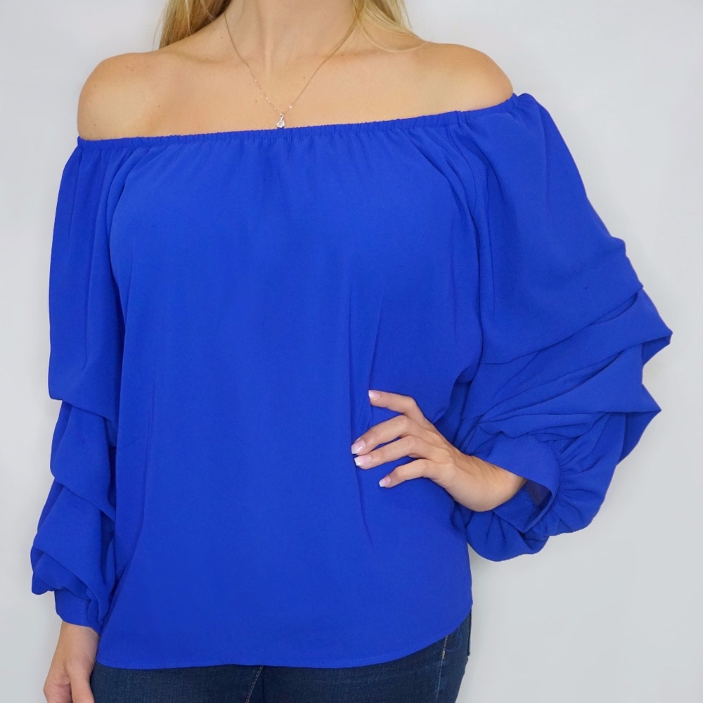 *NEW* NAVY OFF SHOULDER TOP W/RUFFLE SLEEVES